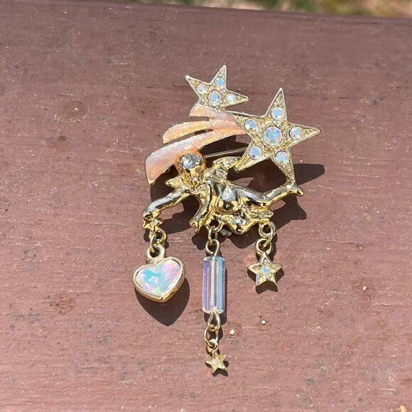 Rhinestone KIRKS FOLLY Charm BROOCH / PIN~ Shooting STAR Heart CHERUB / ANGEL - Picture 3 of 6